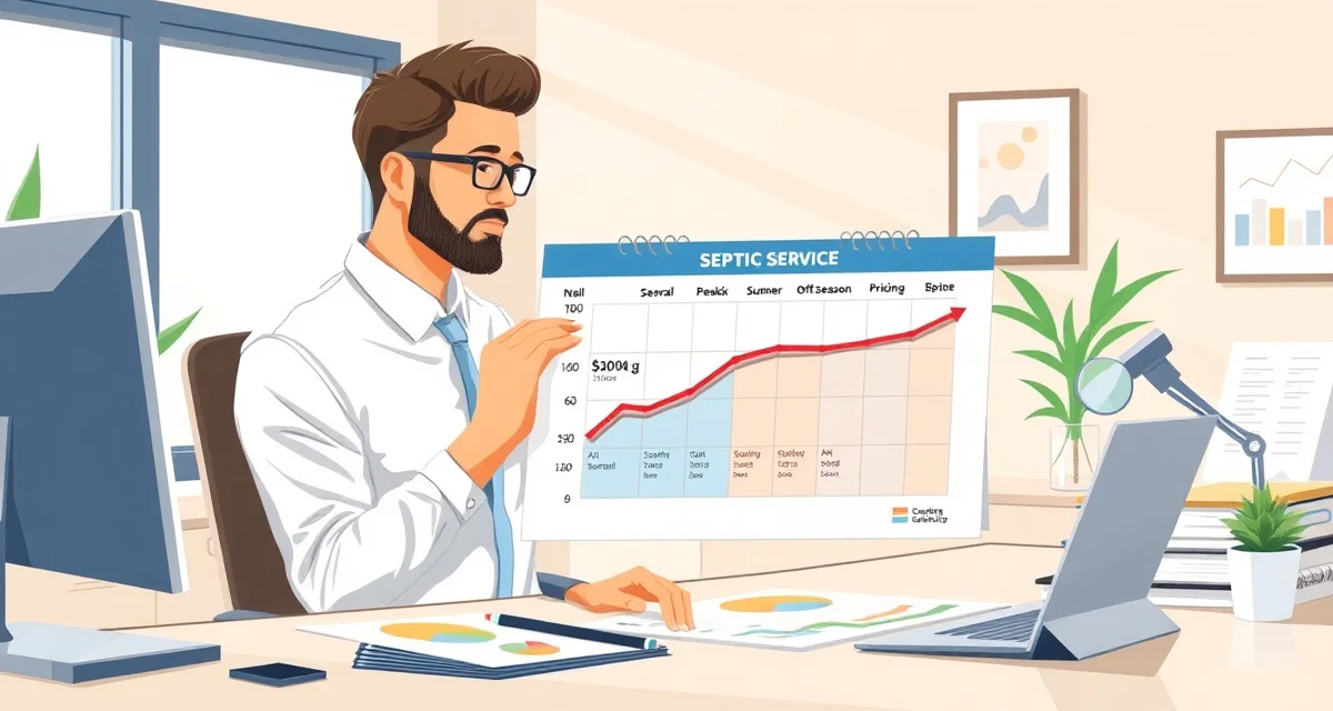 Septic service seasonal demand and pricing strategy visualization Seasonal pricing adjustment chart for septic services showing peak demand periods in spring, summer, and fall with corresponding rate increases.