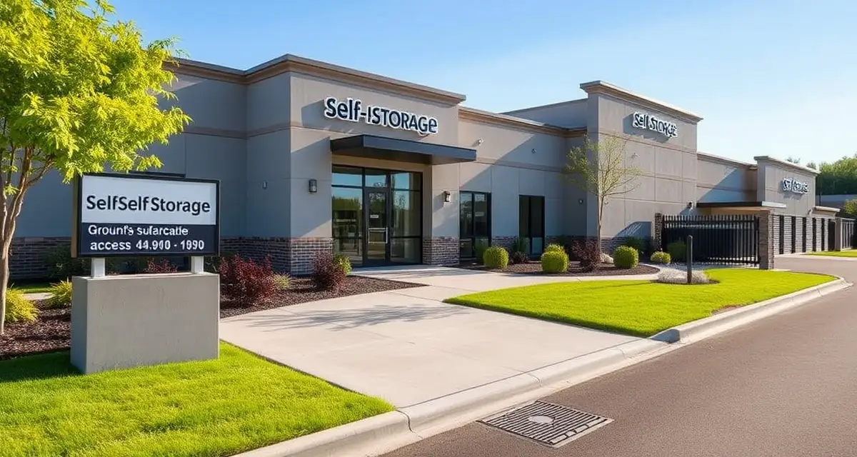 Professional self-storage facility septic maintenance Self-storage facility exterior showing proper septic system maintenance area with clear landscaping and property access points