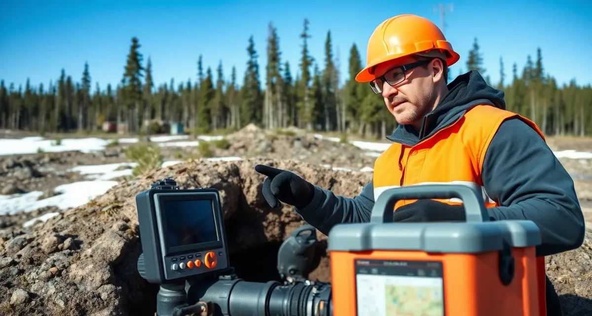 Professional septic system inspection in Alaska Alaska septic service technician performing system inspection in remote area with diagnostic equipment and permafrost terrain
