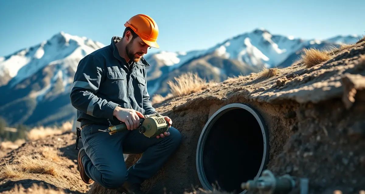 Colorado septic service inspection and management Septic system inspector conducting professional maintenance on Colorado property with mountain terrain in background.
