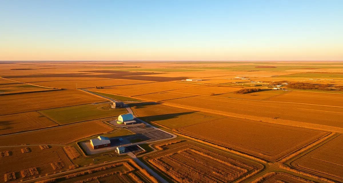 Great Plains septic service route planning visualization Aerial view of rural Great Plains septic systems and farmland showing route planning challenges for service companies across large territories