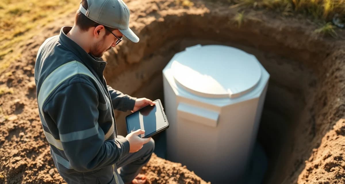 Indiana septic system inspection and management Septic service technician performing system inspection with digital management software on tablet in Indiana rural area