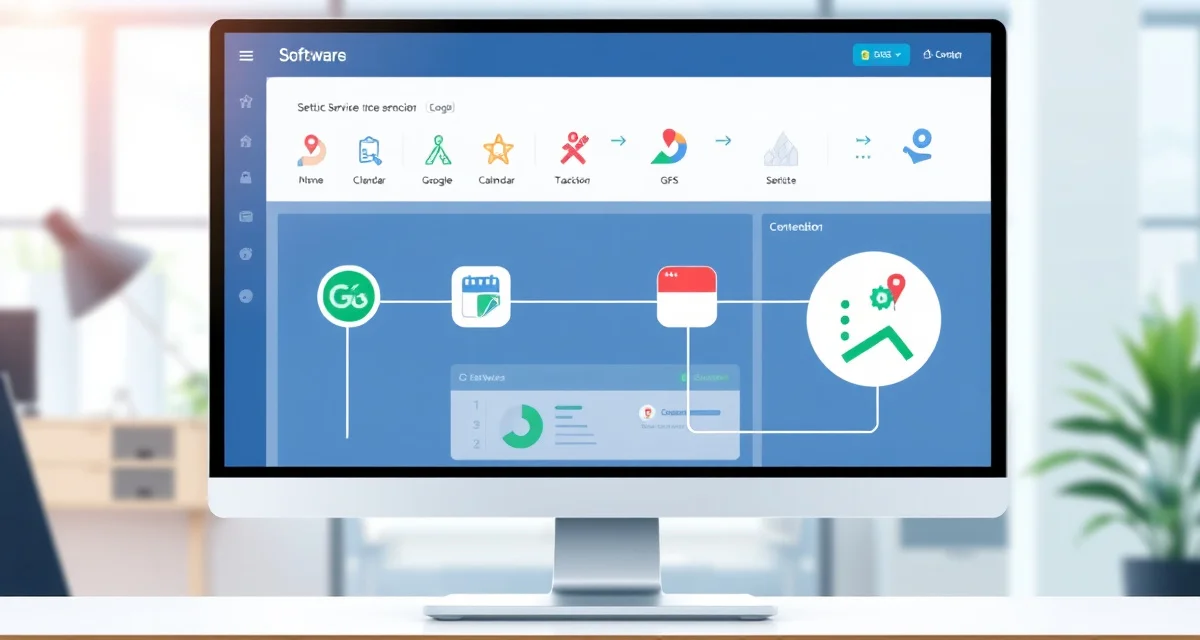 Unified septic business management integrations Septic service software integrations dashboard connecting QuickBooks, Google Calendar, and GPS fleet tracking systems for streamlined business operations.