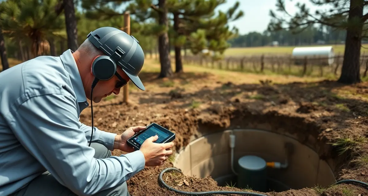 Professional septic inspection and management service Septic system inspection technician using diagnostic software in rural Mississippi for wastewater management compliance