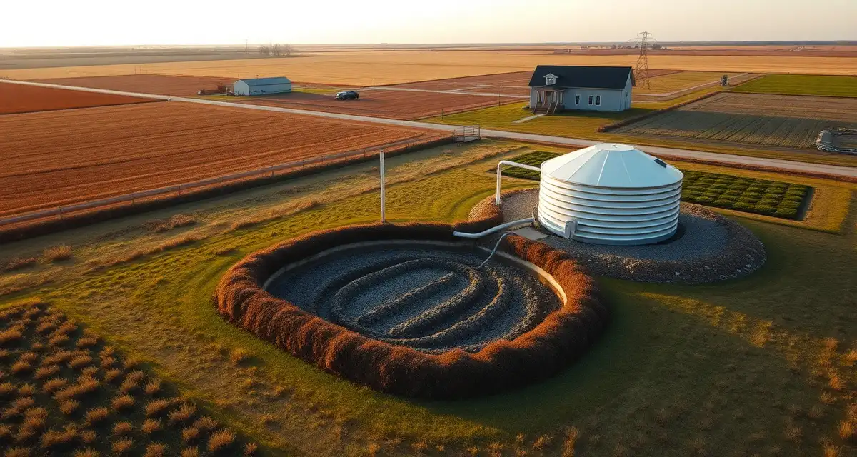 Nebraska septic system infrastructure management Aerial view of septic system installation on rural Nebraska property with drainage field visible in farmland landscape.