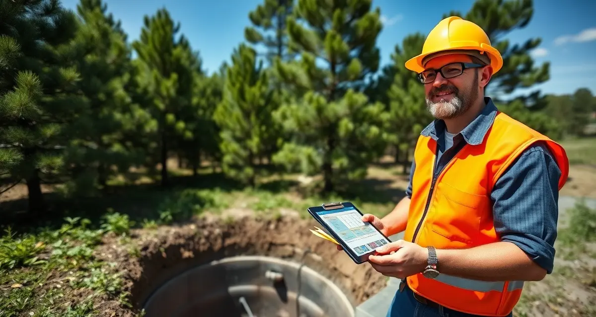 NC septic contractor using inspection software Septic system technician performing professional inspection using digital service software management system in North Carolina