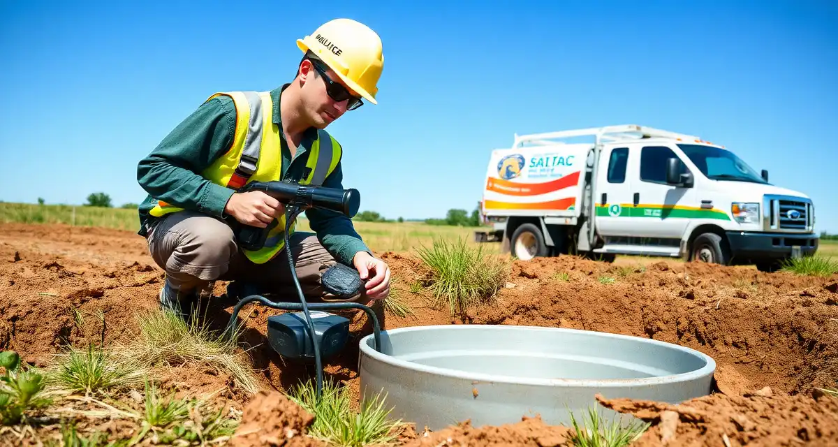 Professional Septic Inspection in Ohio Septic system technician performing inspection on Ohio residential treatment system with professional equipment and safety gear