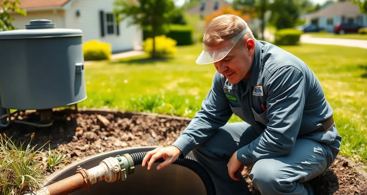 Summer septic system service and peak season management Septic technician performing summer septic service inspection and maintenance on residential system during peak demand season