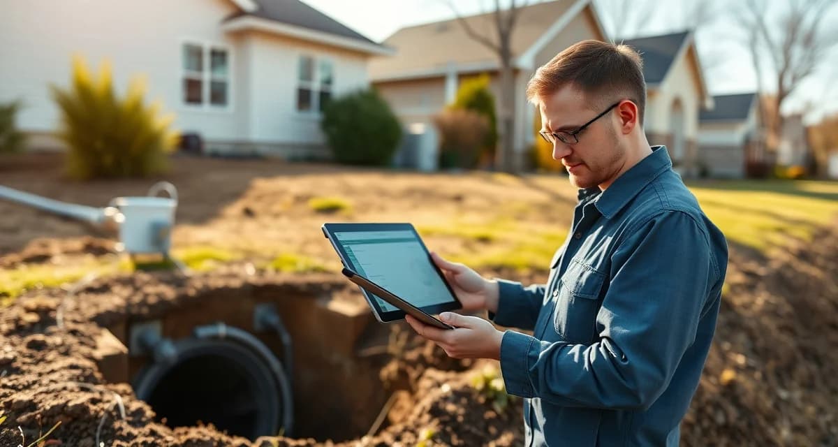 Modern septic inspection with field service technology Septic service technician using mobile inspection software and digital documentation tools for septic system management