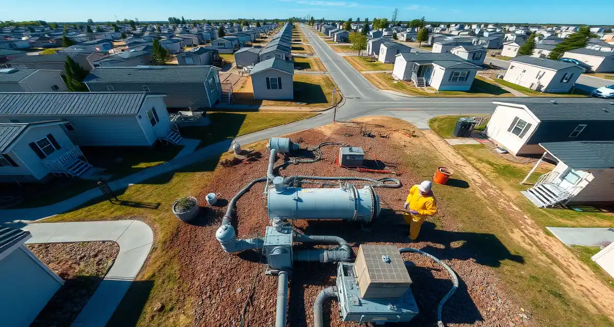 Trailer park septic system maintenance and inspection Professional septic system inspection at a trailer park community with technician examining underground infrastructure and compliance equipment