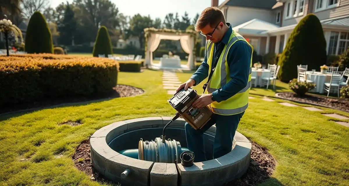 Septic maintenance checklist for wedding venues Professional septic system inspection being performed at a wedding reception venue to prevent event-day failures