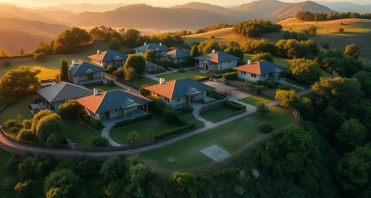 Septic system management for retreat properties Aerial view of a wellness retreat property compound showing multiple structures with integrated septic system infrastructure and landscaping