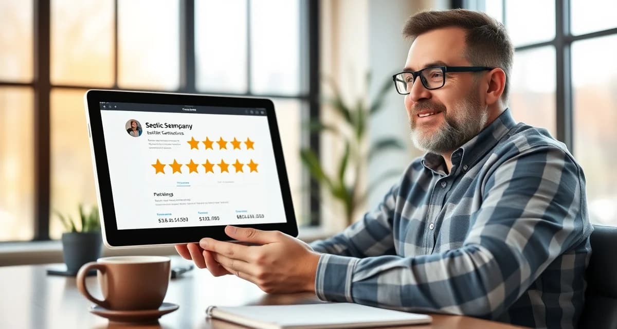 SepticMind verified customer testimonials and ratings Septic company owner reviewing positive customer reviews and 4.8-star ratings for SepticMind field service software on tablet