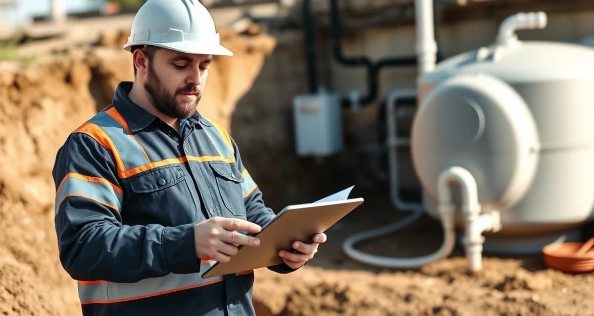 Digital septic system inspection and management software evaluation Septic company manager using digital management software checklist to evaluate tank inspection requirements and compliance features