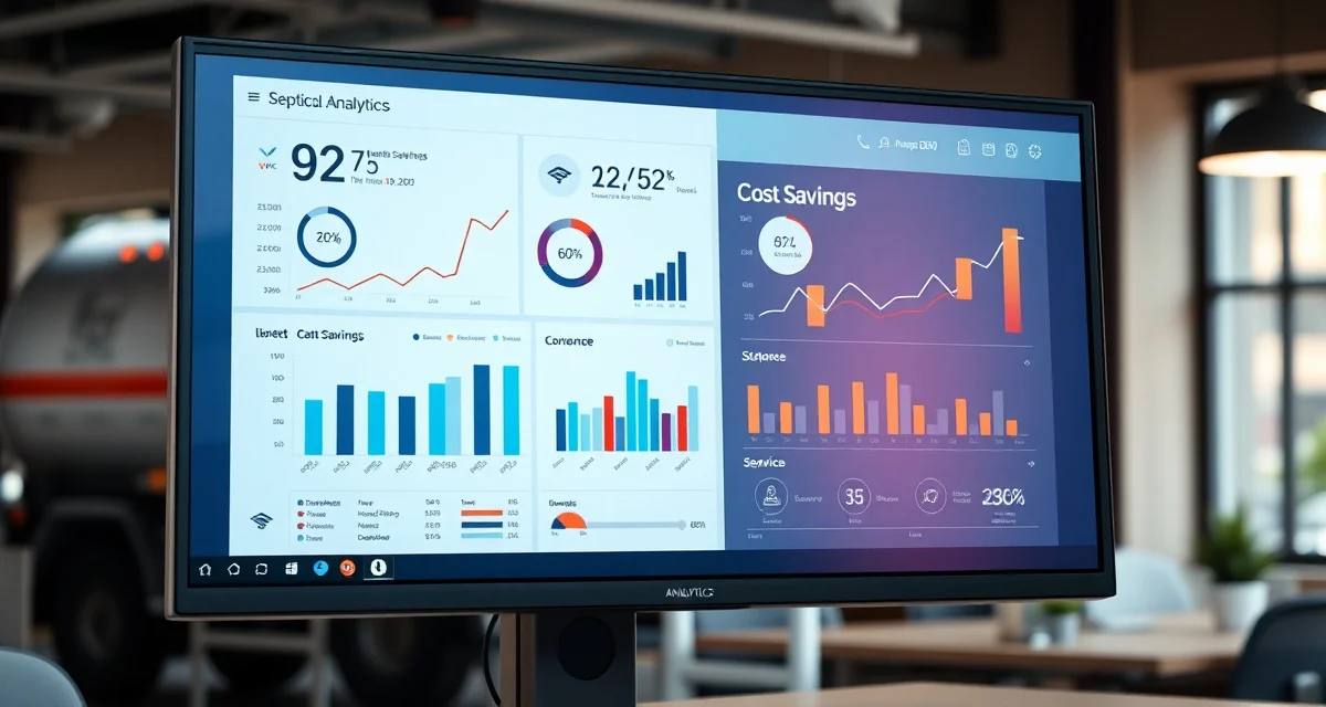 ROI calculation dashboard for septic service management software Septic company software ROI dashboard showing monthly cost savings and operational efficiency metrics for service businesses.