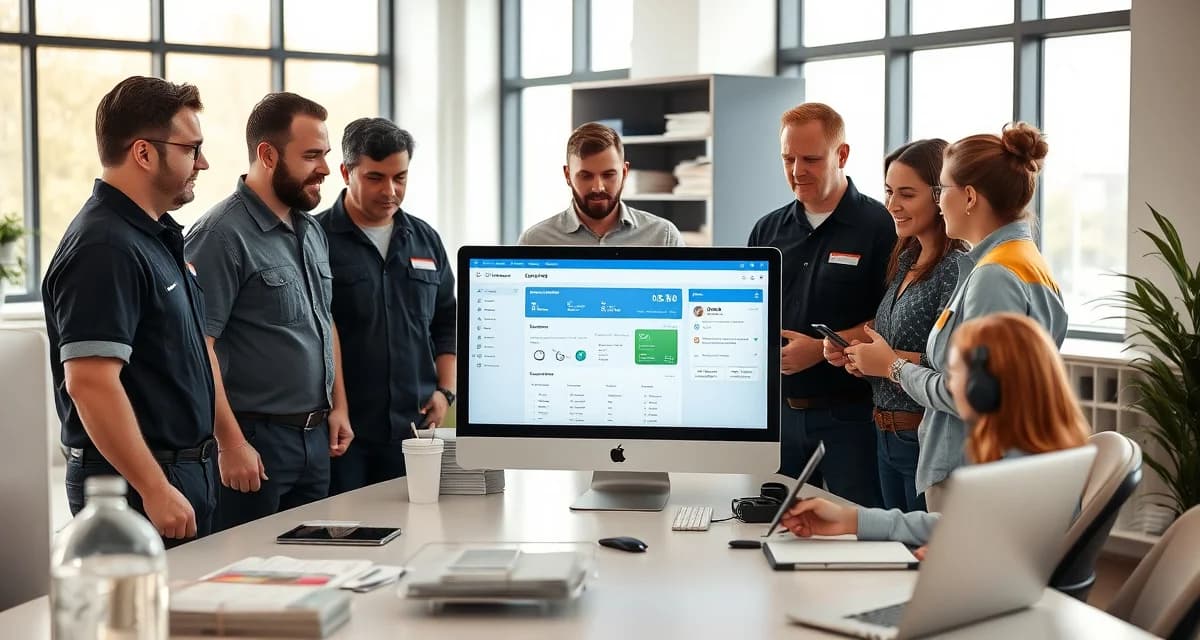 Professional septic software user training demonstration Septic service team receiving role-based software training on field service management system with instructor demonstrating dashboard interface.