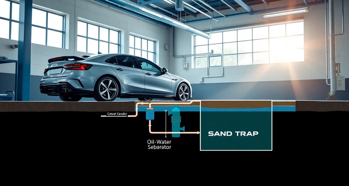 Commercial car wash onsite septic pretreatment system Car wash facility septic system with EPA pretreatment equipment including oil-water separator and sand trap for wastewater management