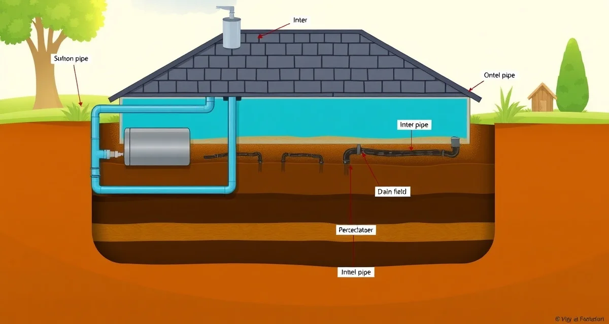 Septic system cross-section illustration Diagram showing how a septic system works with underground tank and drain field components for home wastewater treatment.