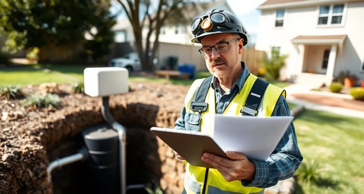 Professional septic failure documentation process Septic system inspector documenting failed septic tank inspection with detailed assessment report and regulatory compliance checklist