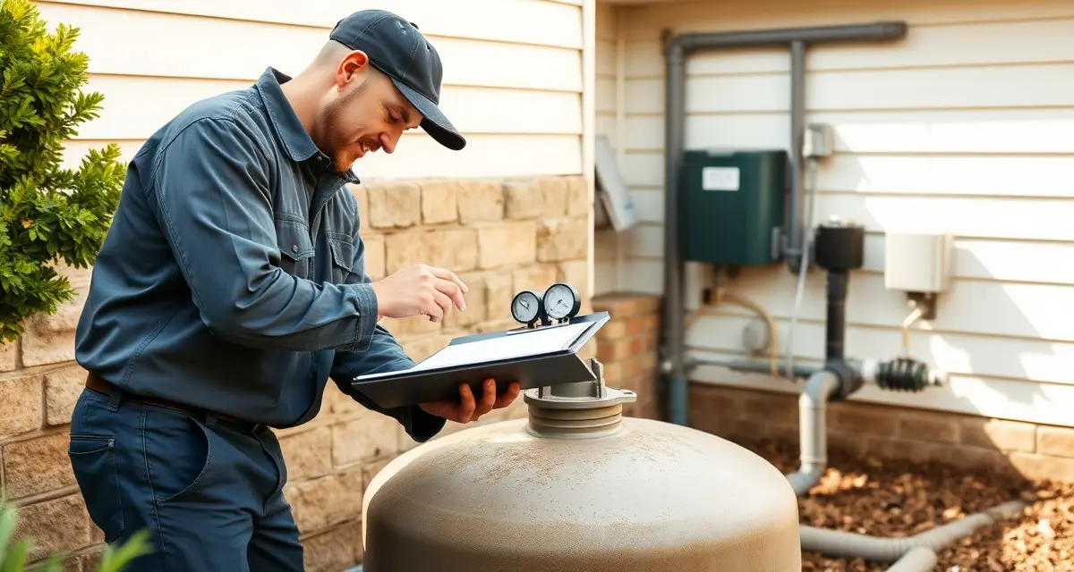 Professional septic maintenance inspection Septic system maintenance checklist being performed by professional technician during routine inspection and pump-out service visit