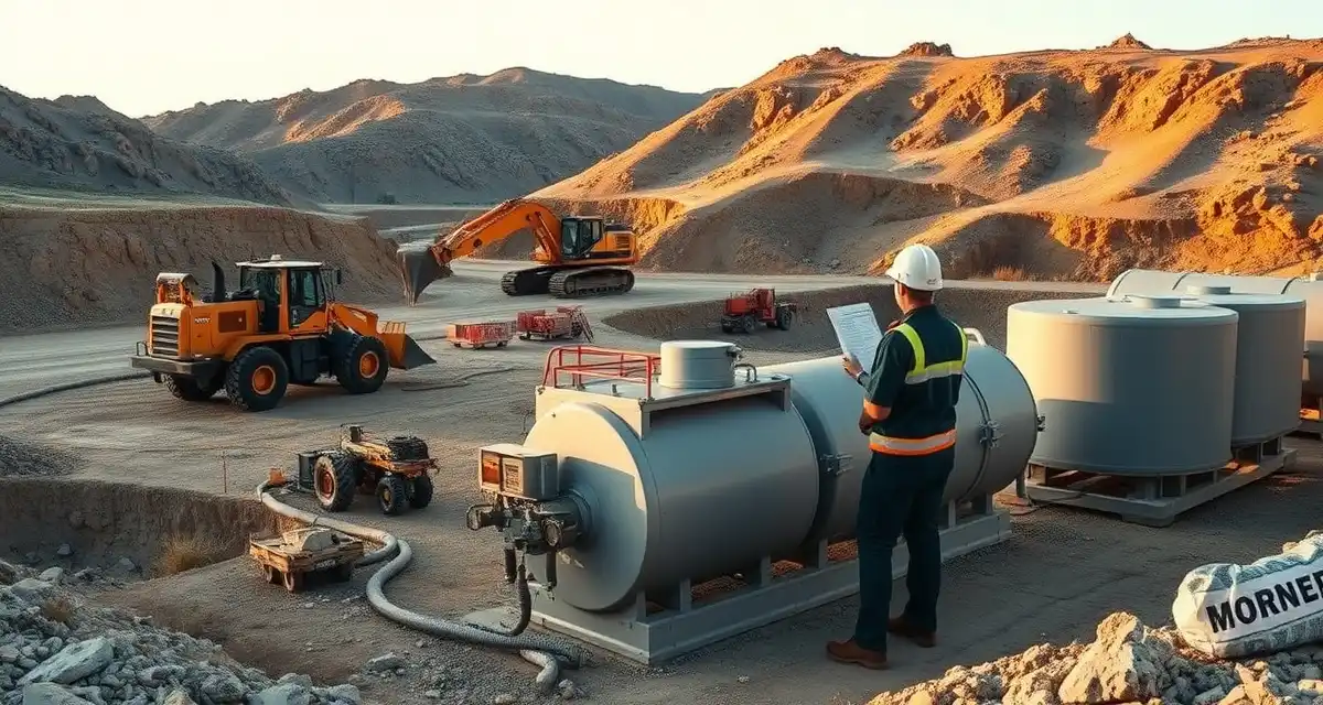 Engineered septic solutions for quarry operations Professional septic system installation at a rock quarry site with OSHA-compliant engineered tanks and inspection equipment in remote mining operation setting.