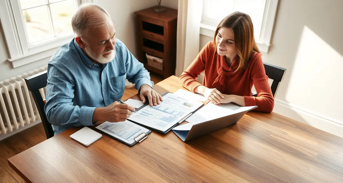 Septic records documentation for property sale transition Homeowner reviewing septic system records and inspection documents during property transfer with real estate professional