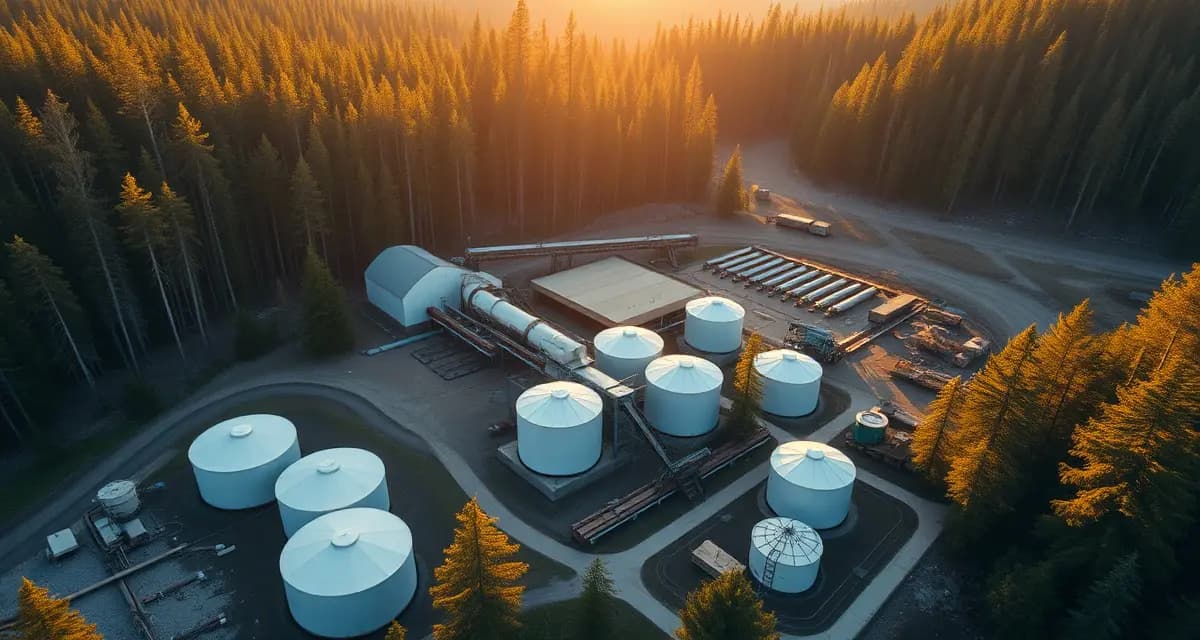 Septic service infrastructure at remote sawmill Remote sawmill facility with professional septic system infrastructure and treatment tanks for wood processing wastewater management