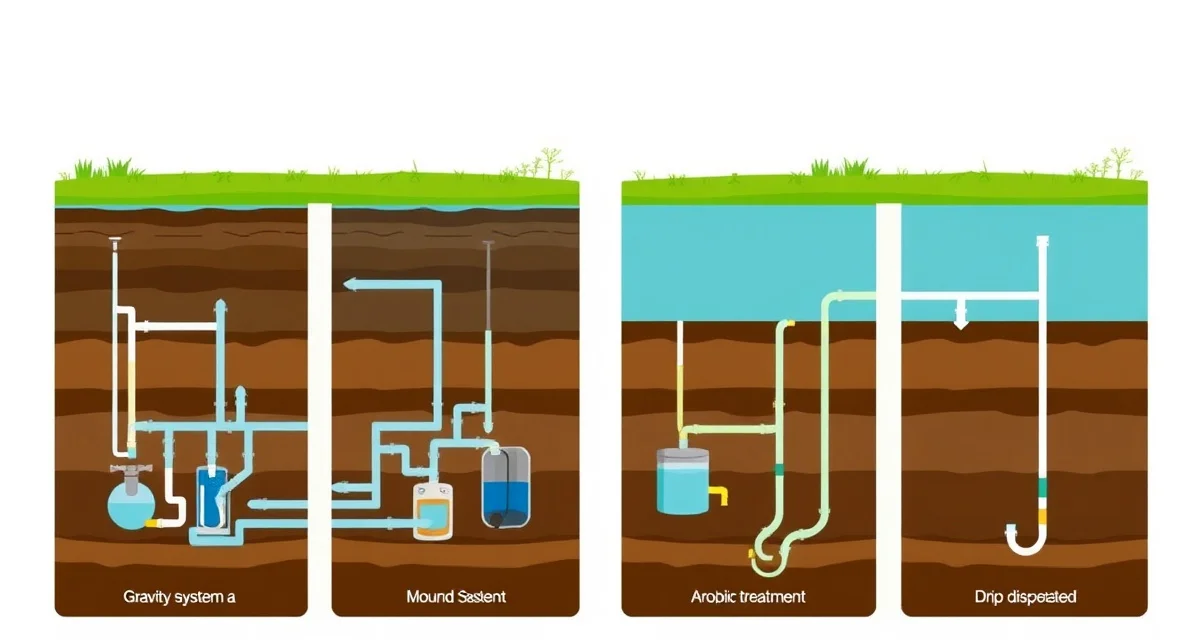 Septic system types comparison for field service management Illustration of four septic system types including conventional gravity, mound, aerobic treatment, and drip dispersal configurations for management software.