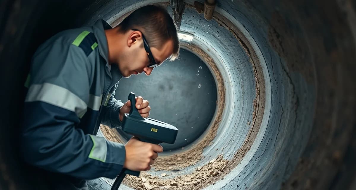 Septic tank inspection and additive evaluation by certified technician Professional septic tank inspection showing technician evaluating tank condition and additives effectiveness during routine maintenance service