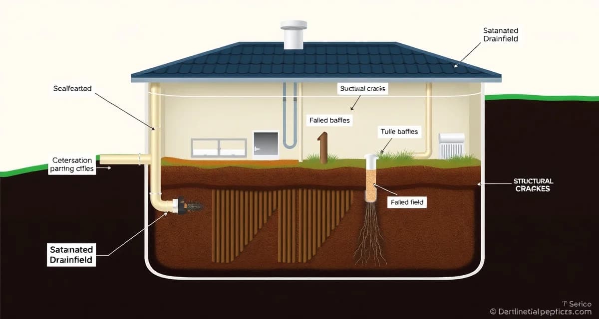 Visual guide to septic system failure causes and inspection red flags Diagram showing common septic inspection failure causes including drainfield saturation, baffle failure, and tank structural damage