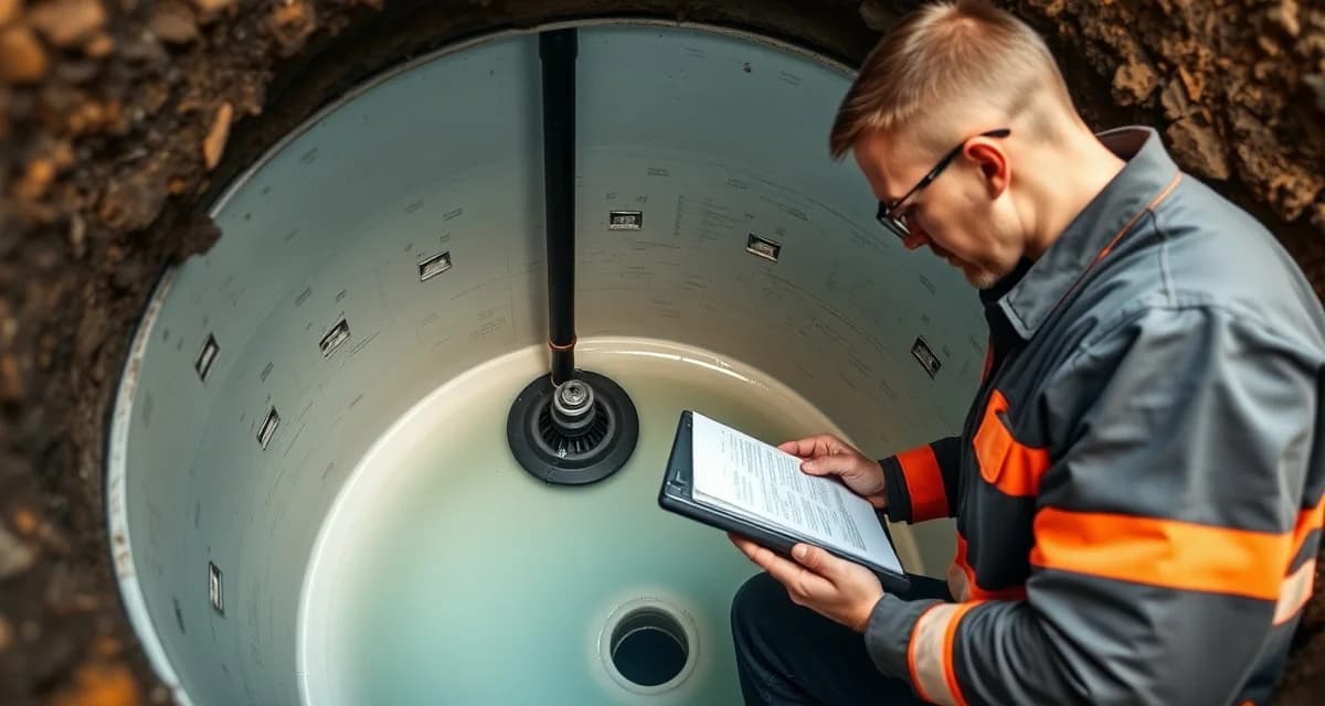 Septic system inspection in progress Professional technician performing septic tank inspection examining interior condition and baffle system components