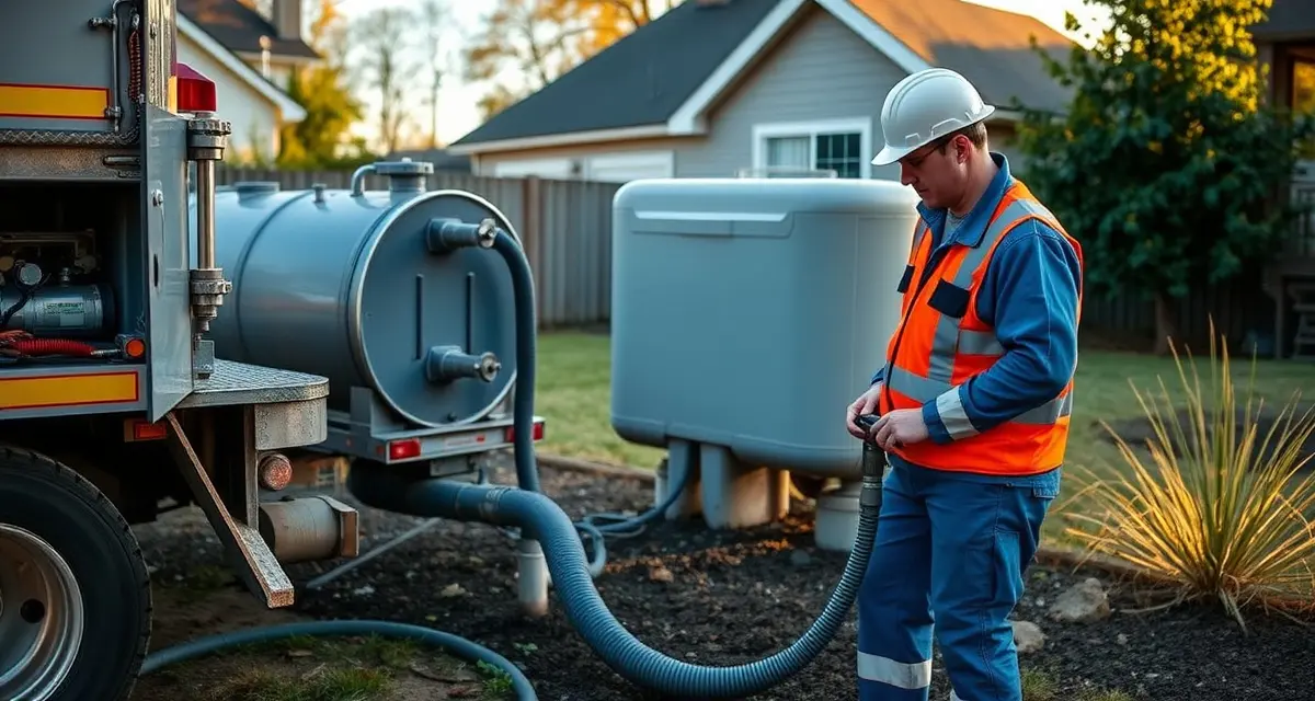 Septic Tank Pumping Service Process Professional technician performing septic tank pumping service with specialized truck equipment and hoses connected to residential septic system
