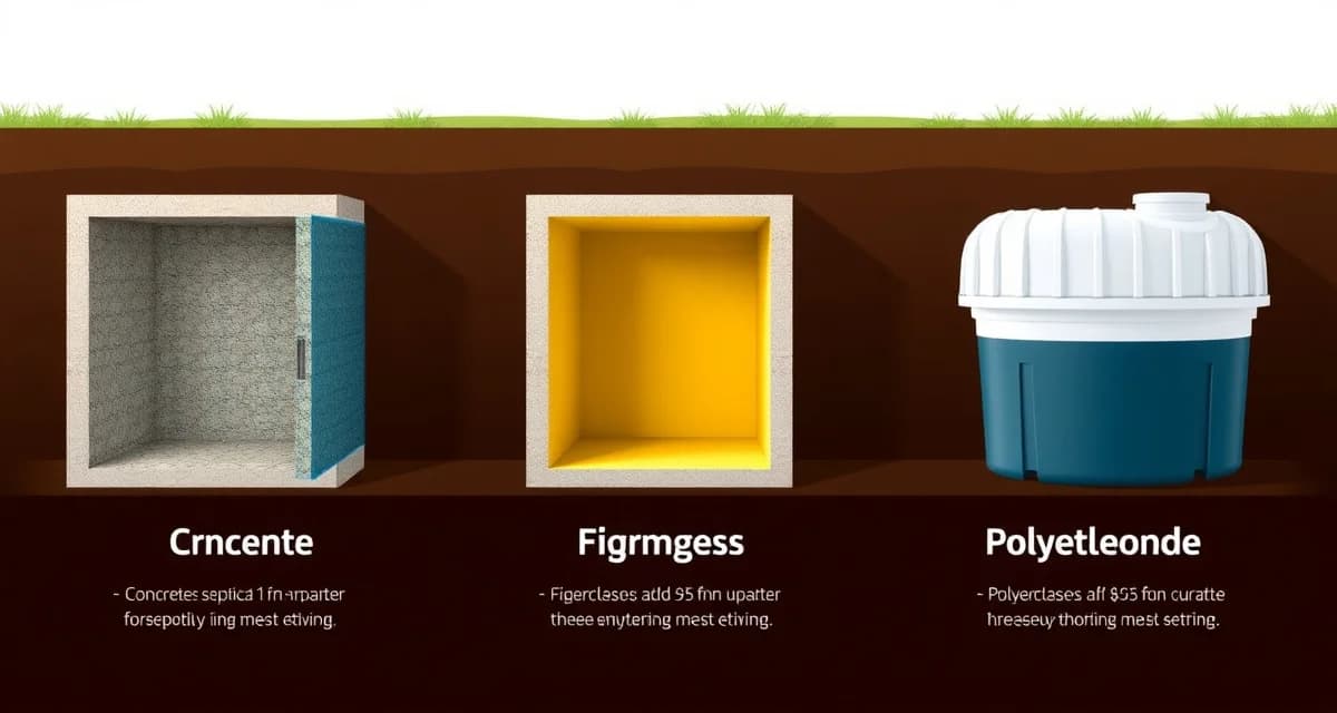 Septic tank material types illustrated Comparison of three septic tank types: concrete, fiberglass, and polyethylene HDPE tanks showing structural differences and material composition.