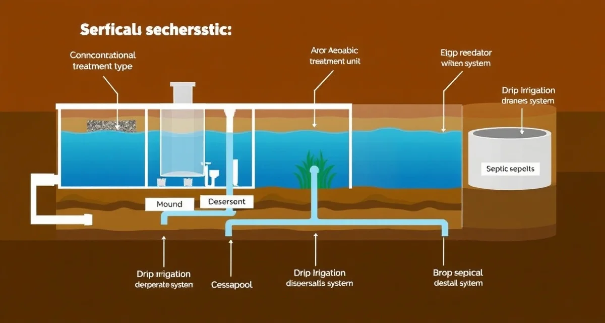 Septic System Types and Maintenance Schedules Comparison diagram of septic tank types showing conventional gravity systems, aerobic treatment units, mound systems, drip irrigation, and cesspools with pumping frequency requirements.