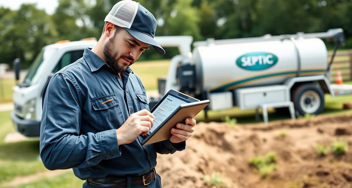 Mobile app streamlines septic field service workflows Septic technician viewing mobile app on tablet during field inspection to access job information and reduce office callbacks.