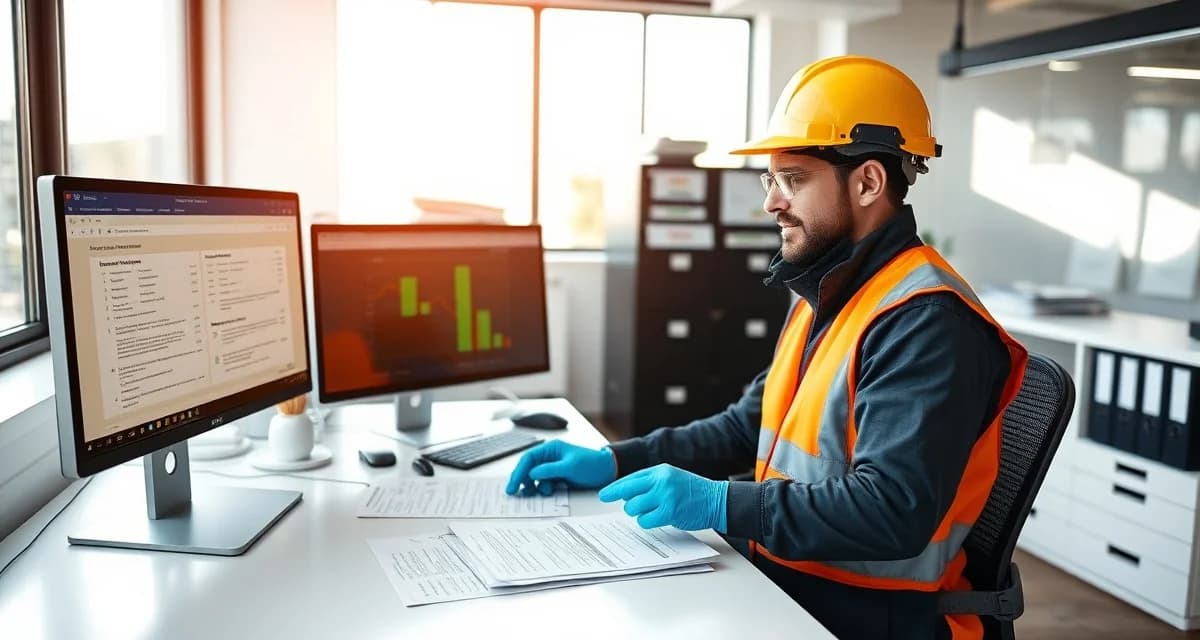 Certification compliance management system for septic technicians Septic technician reviewing certification tracking documents and compliance records on computer system for team management