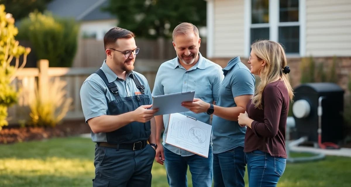 Professional septic system service communication Septic technician communicating inspection findings to homeowners using clear language and visual diagrams for customer understanding