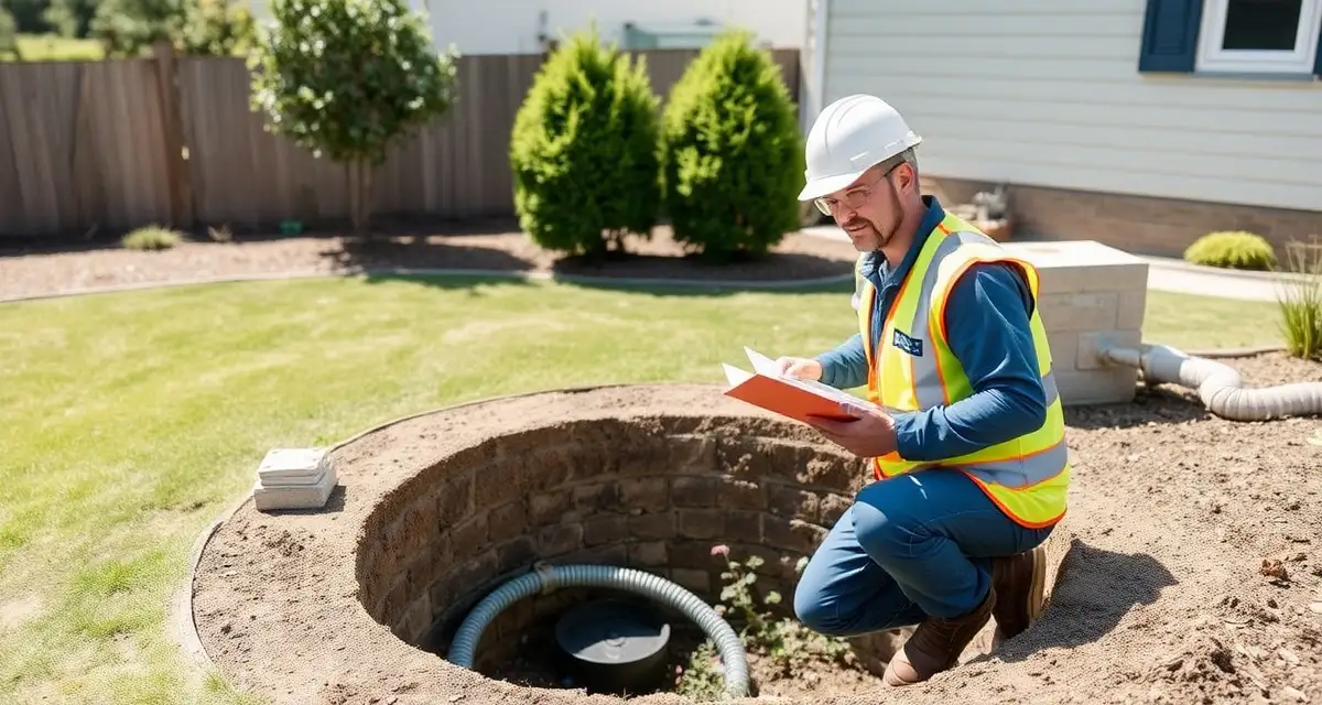 Professional septic system inspection and documentation Septic technician performing tank inspection and documentation during routine field service maintenance