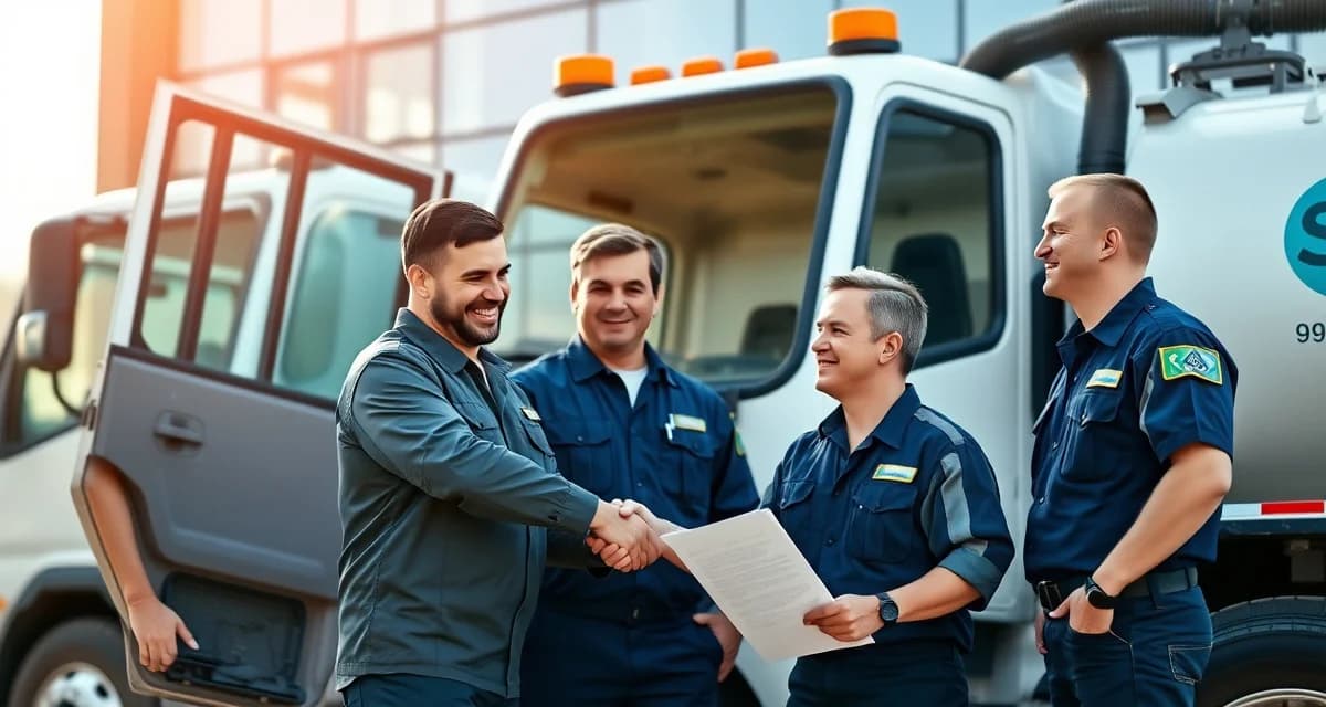 Professional septic service team hiring and recruitment Septic technicians in uniform collaborating on hiring and retention strategy with documents and clipboard in professional setting.