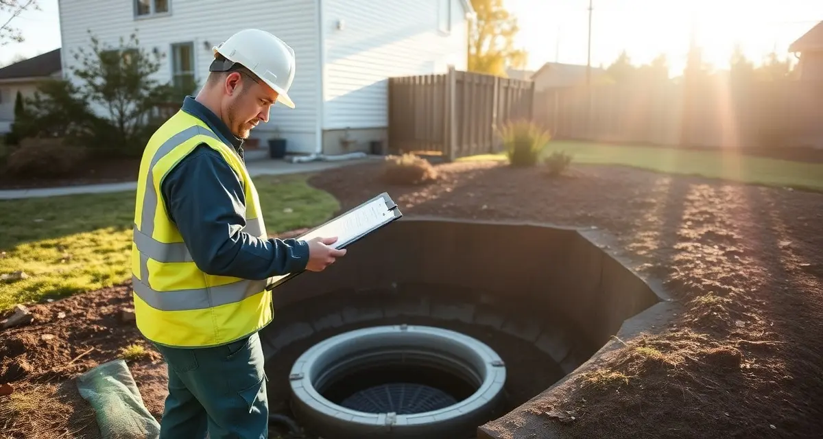 Professional septic service technician performing system inspection Experienced septic technician conducting system inspection with safety equipment and documentation materials