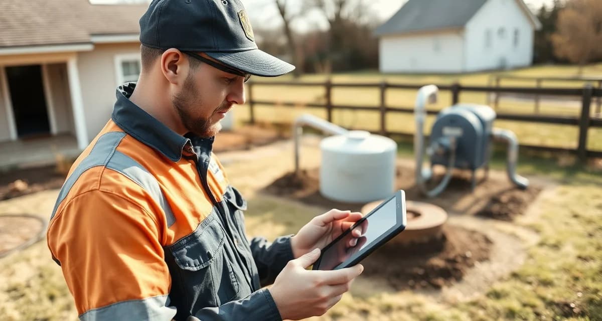 Mobile field service app for septic technicians Septic field technician using mobile app on tablet to complete job inspection and access information without calling office