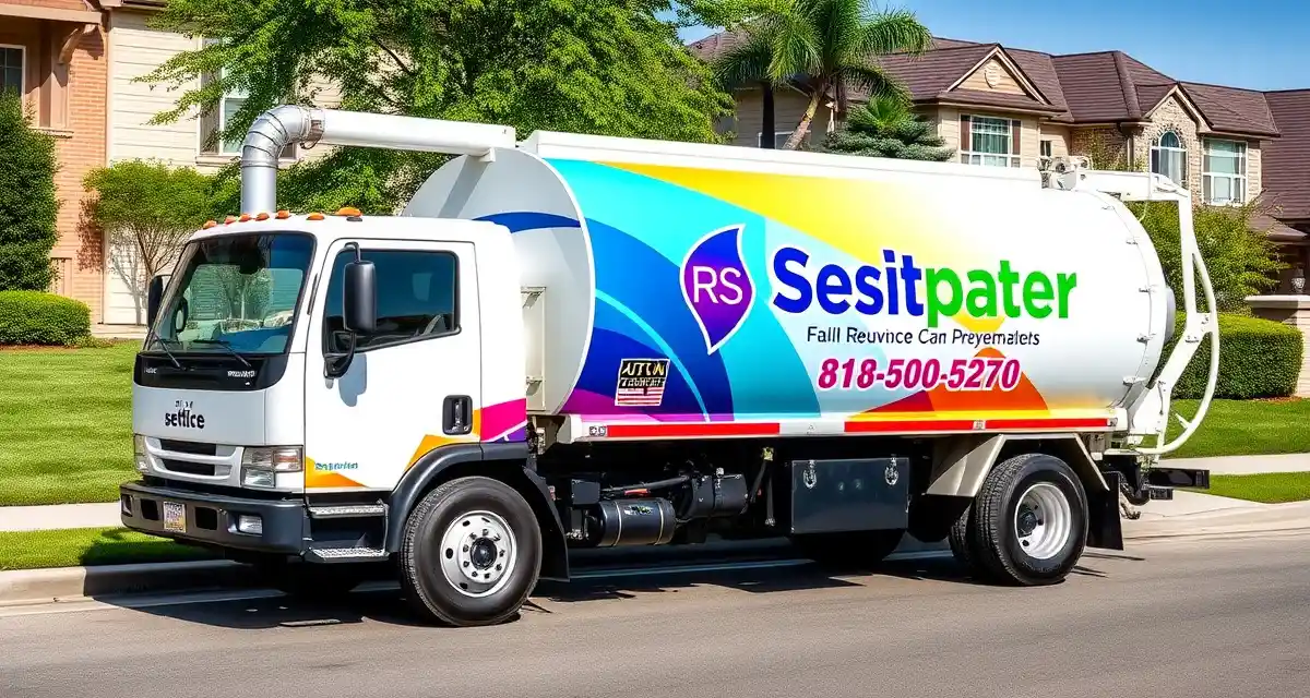 Branded septic service truck wrap example Professional septic company truck wrap with branded design, contact information, and service details creating mobile marketing advertisement
