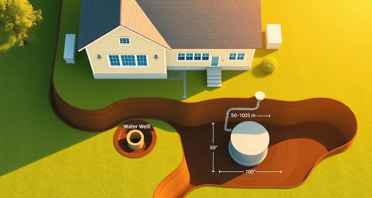 Well-septic system spacing guidelines Diagram showing septic system and water well setback requirements on a residential property with minimum distance markers.