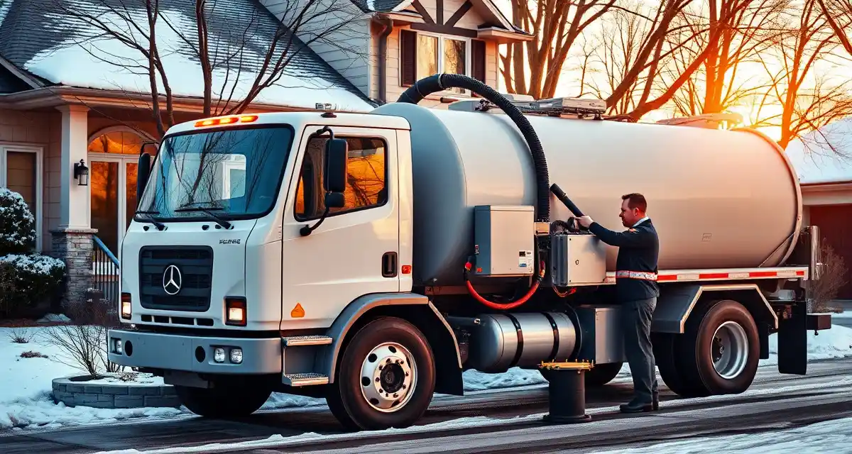 Winter septic marketing and inspection services Septic company technician performing winter system inspection at residential home with snow coverage