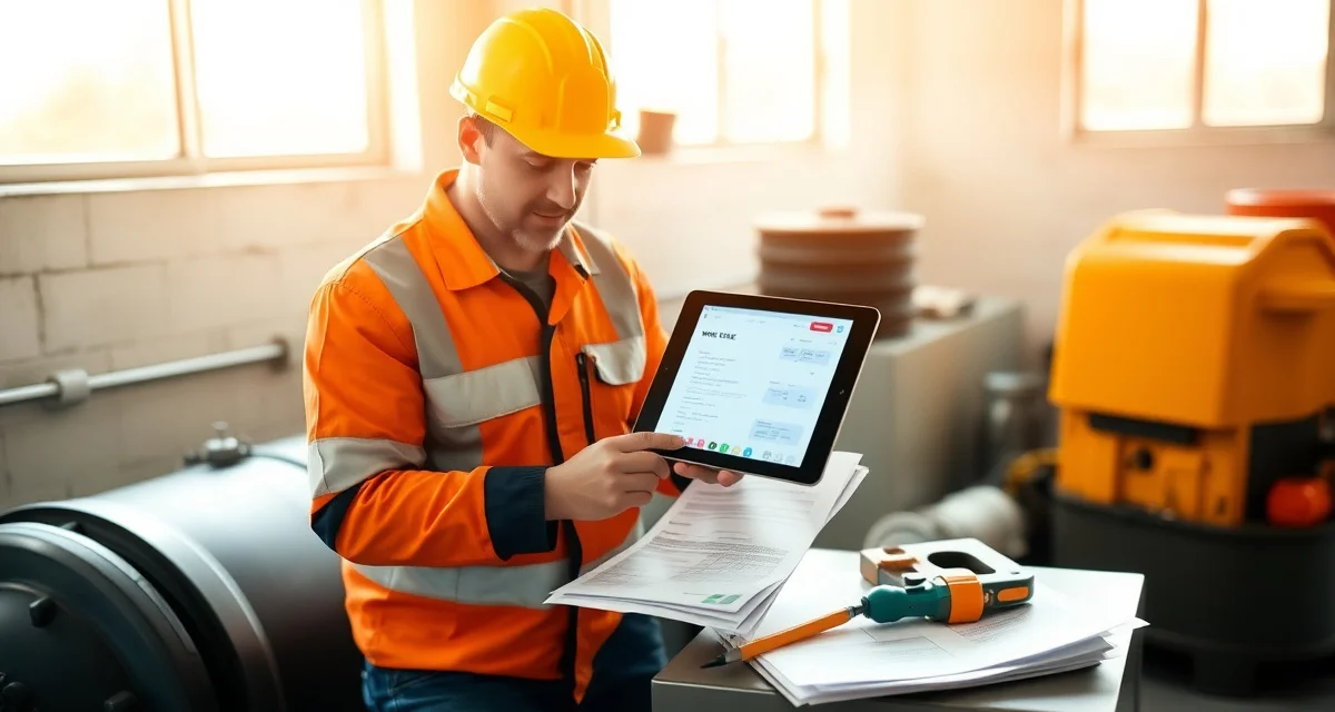 Digital work order management for septic companies Septic technician using digital work order software on tablet to manage job assignments and track service completion in real-time
