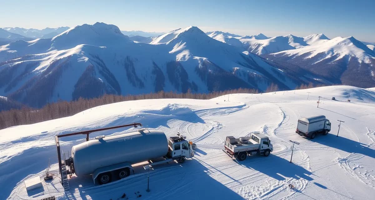 Winter septic service preparation at alpine ski resort facility Aerial view of ski resort septic system maintenance equipment positioned for pre-season service in snowy mountain environment with winter access challenges