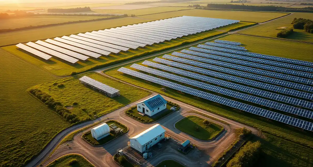 Solar farm septic and wastewater management Aerial view of solar farm with septic system infrastructure and maintenance facilities supporting agricultural technology operations