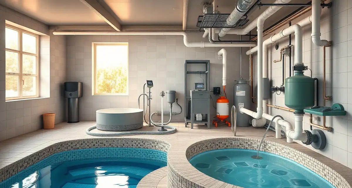 Day spa septic service and drainage system Septic system drainage setup for spa and wellness center with hot tub backwash treatment equipment and wastewater management infrastructure.