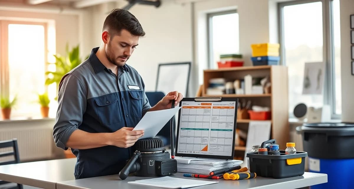 Spring septic business preparation checklist Septic system service manager preparing business operations for spring season with equipment inspection and crew scheduling