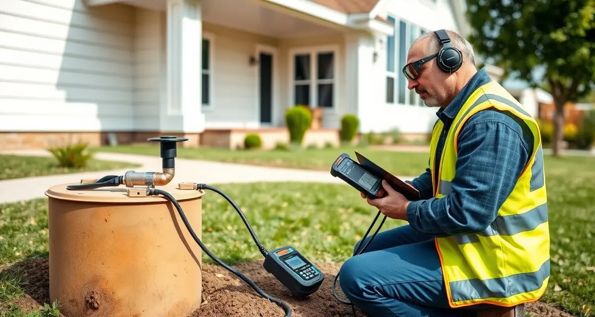 Septic service inspection and startup requirements Septic service technician performing system inspection and maintenance on residential property with professional equipment